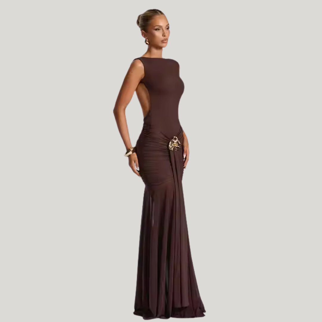 Model wearing plum brown flowy maxi skirt – Fae Flow by ODI-ONE FASHION