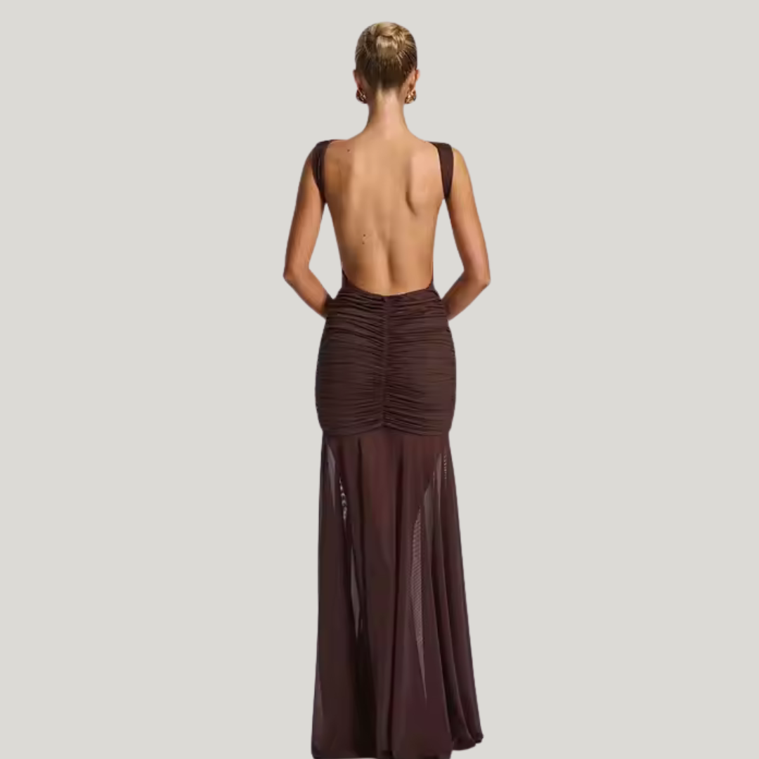 Model wearing plum brown flowy maxi skirt – Fae Flow by ODI-ONE FASHION