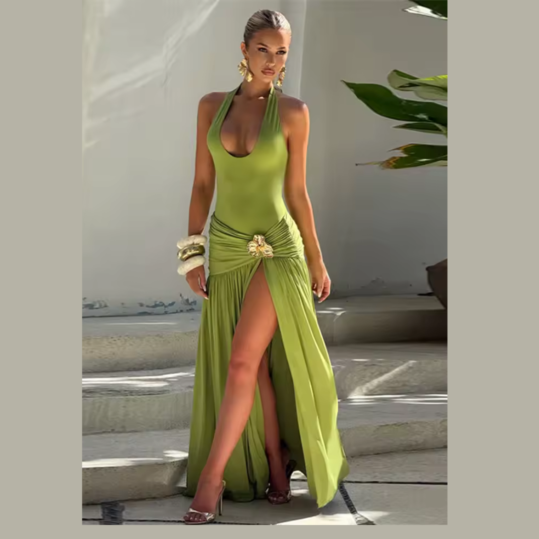 Model wearing olive ruched maxi skirt with orchid brooch and thigh slit – ODI-ONE FASHION