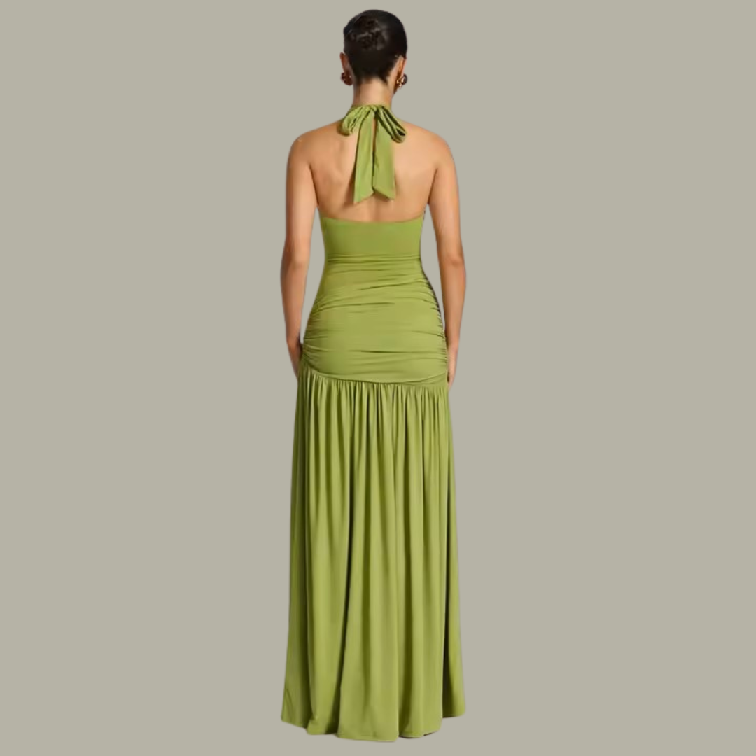 Model wearing olive ruched maxi skirt with orchid brooch and thigh slit – ODI-ONE FASHION