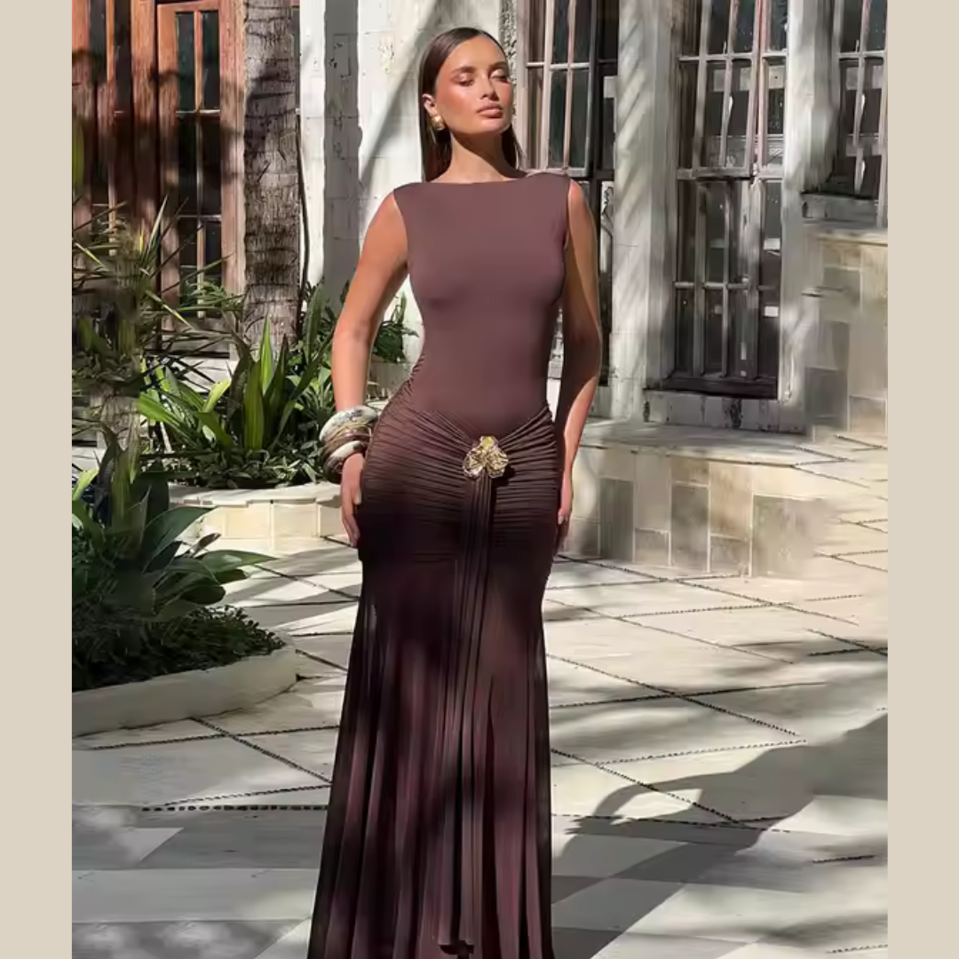 Model wearing plum brown flowy maxi skirt – Fae Flow by ODI-ONE FASHION