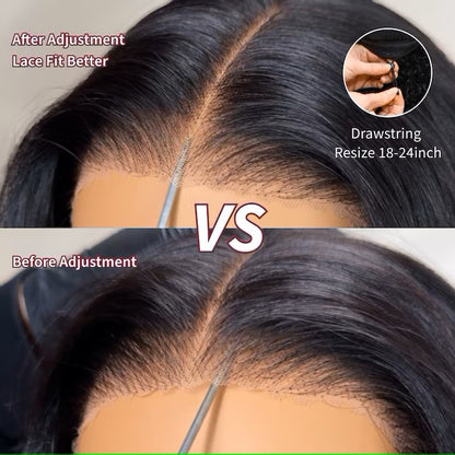 Front view of ODIONE INVISIWAVE 13x4 lace frontal body wave wig on model – natural hairline with Invisiknots