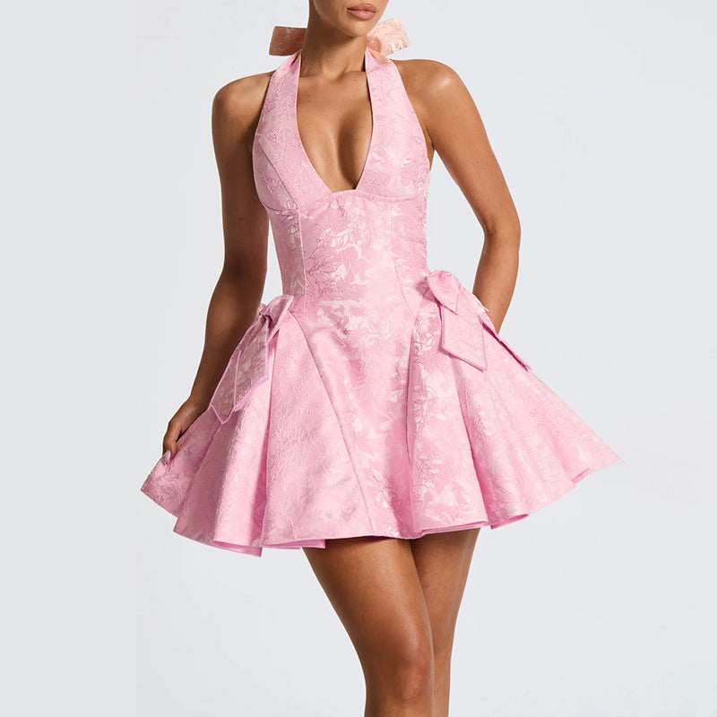 PeachGlow peach mini dress – side angle with elegant shine  