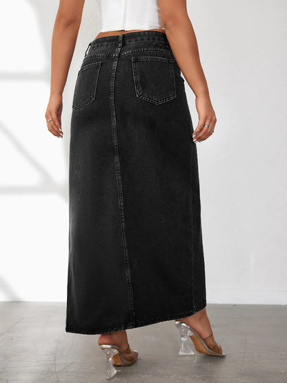 Model wearing high-rise front slit denim skirt – ODI-ONE FASHION
