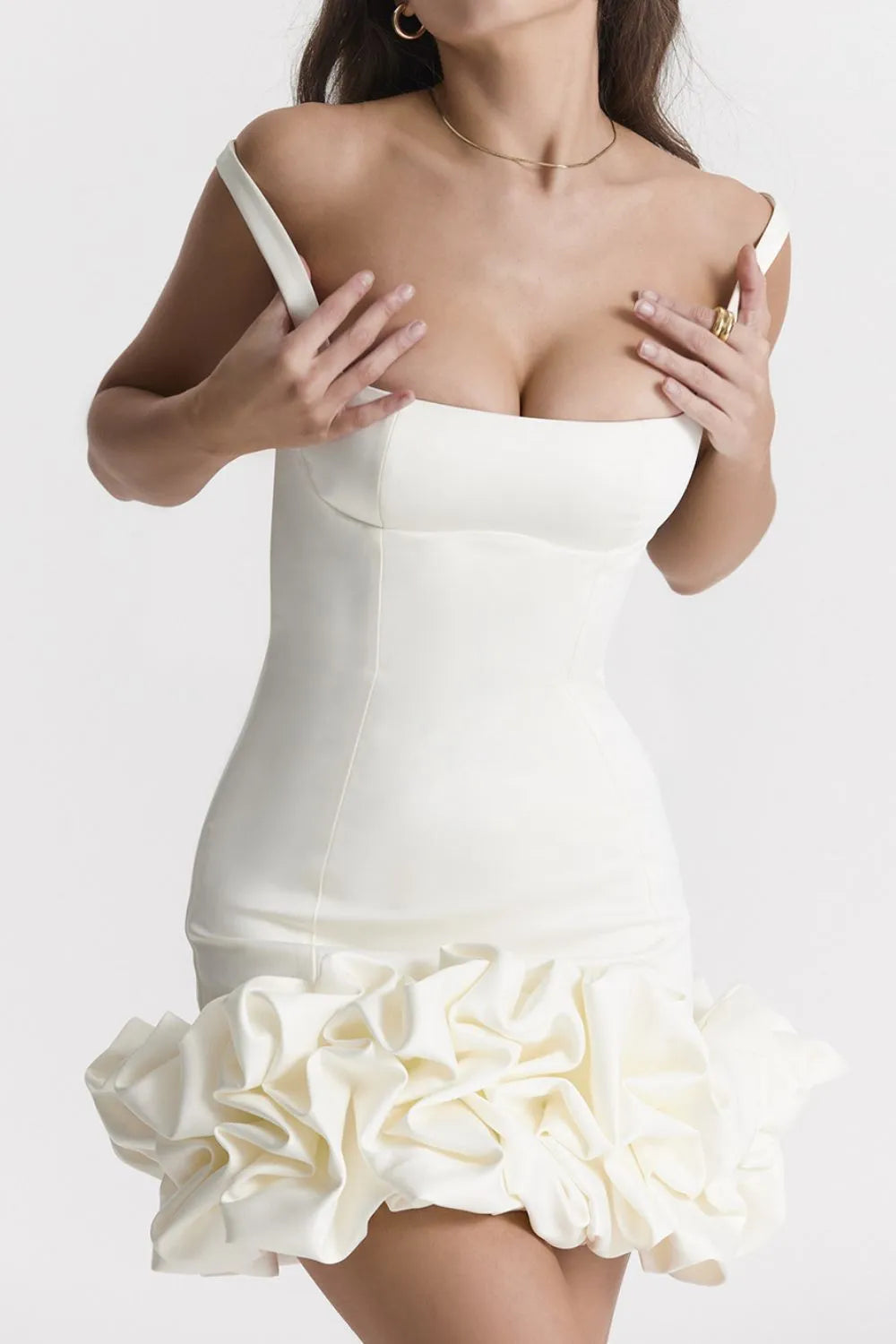 Confident look in ruched square neck mini dress v