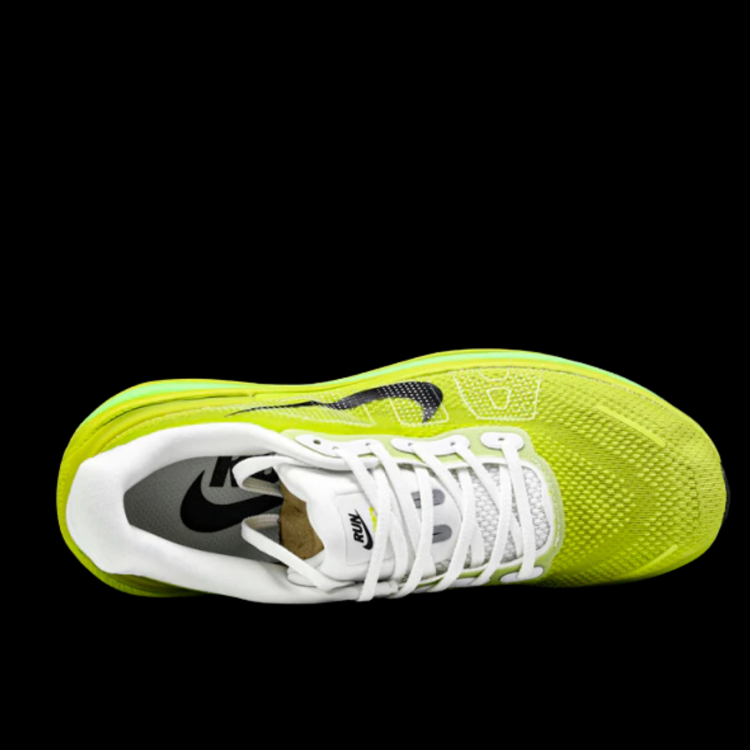 Yellow running shoe with white sole and black swoosh logo on a black background