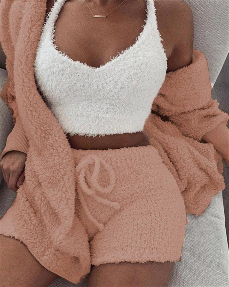 "Chic & Comfy 3-Piece Women's Lounge Set – Long Sleeve Crop Top & Drawstring Shorts Pajama Set"