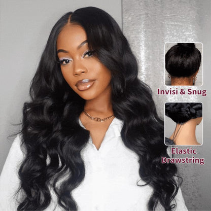 Front view of ODIONE INVISIWAVE 13x4 lace frontal body wave wig on model – natural hairline with Invisiknots