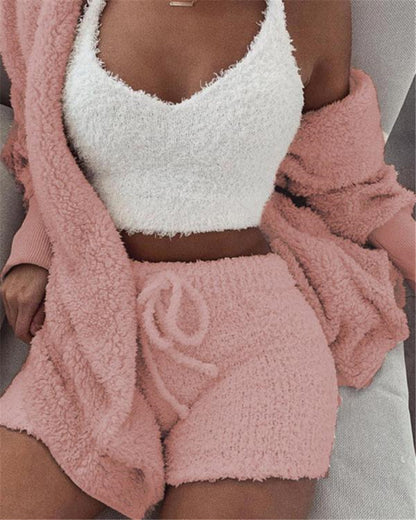 "Chic & Comfy 3-Piece Women's Lounge Set – Long Sleeve Crop Top & Drawstring Shorts Pajama Set"