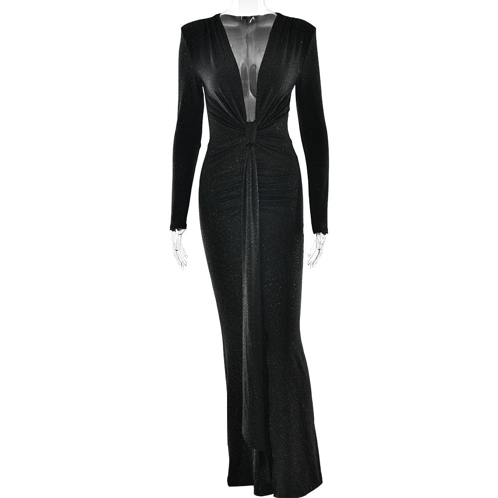 "Elegant Deep V-Neck Slit Dress – Slim-Fit with Chic Ribbon Detail"