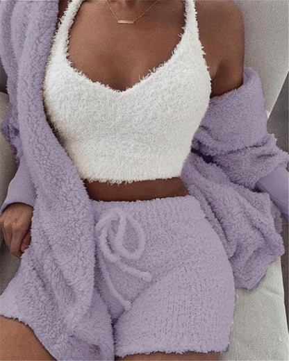 "Chic & Comfy 3-Piece Women's Lounge Set – Long Sleeve Crop Top & Drawstring Shorts Pajama Set"