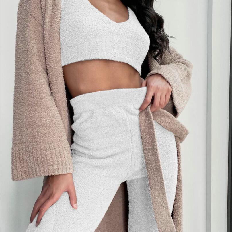 "Chic & Comfy 3-Piece Women's Lounge Set – Long Sleeve Crop Top & Drawstring Shorts Pajama Set"