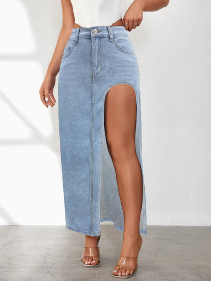 Model wearing high-rise front slit denim skirt – ODI-ONE FASHION

