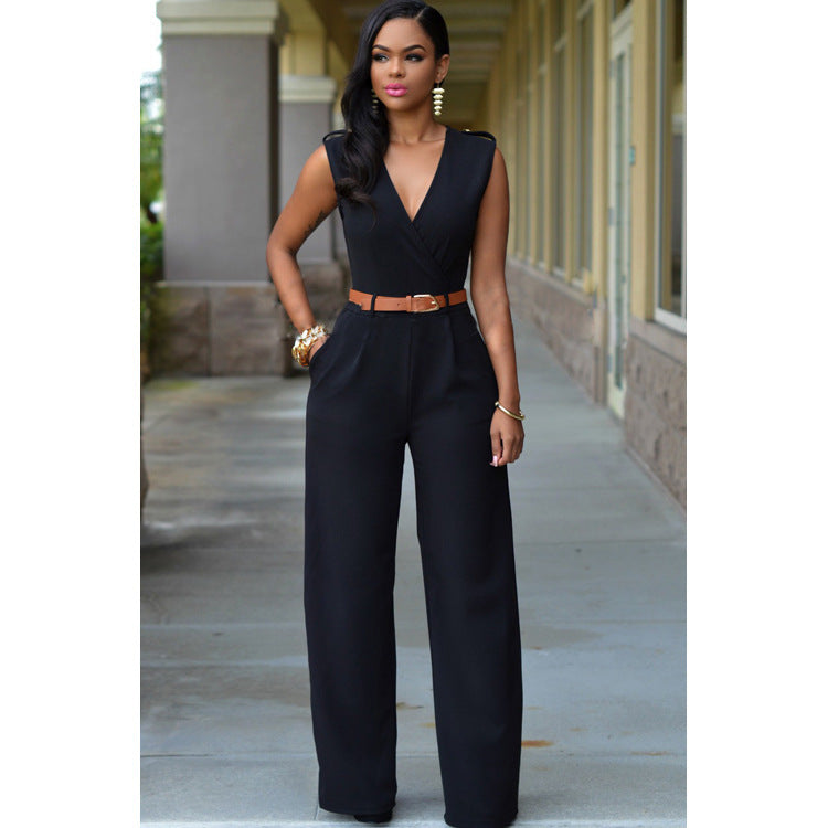 "Elegant V-Neck Belted Jumpsuit – High Waist & Wide-Leg Chic Set"