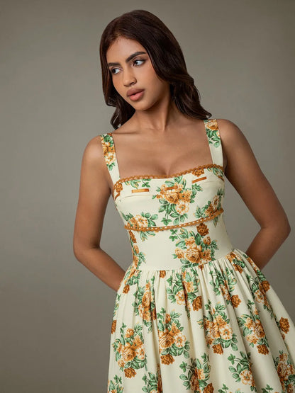 Close-up of lace trim and floral fabric – delicate and breathable summer dress
