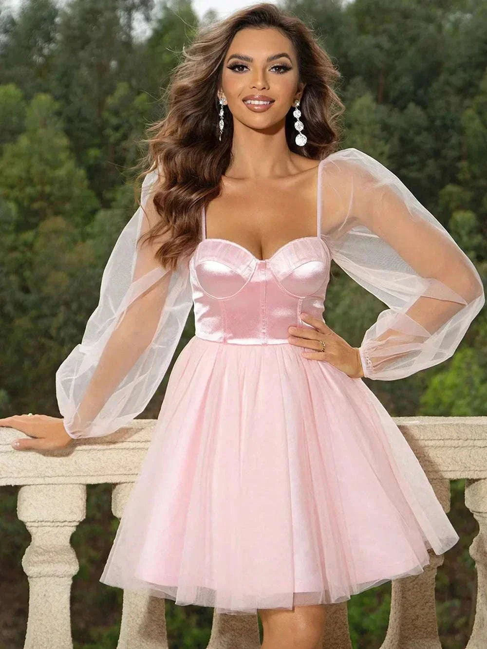 Woman wearing sweetheart neck balloon sleeve mini dress – romantic and trendy