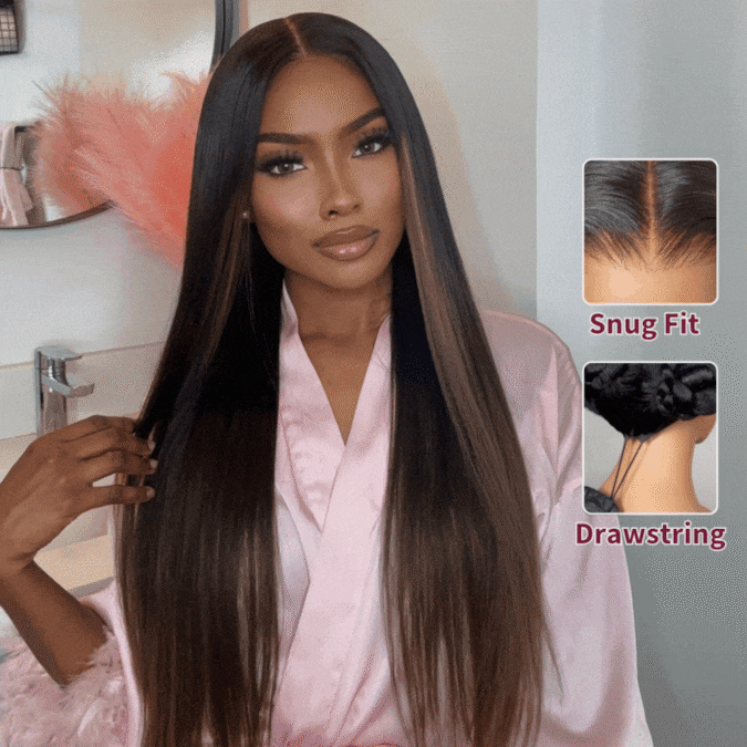 Front view of ODI-ONE LYNEÉ chestnut ombre yaki wig – 7x5 lace closure