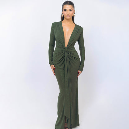 "Elegant Deep V-Neck Slit Dress – Slim-Fit with Chic Ribbon Detail"