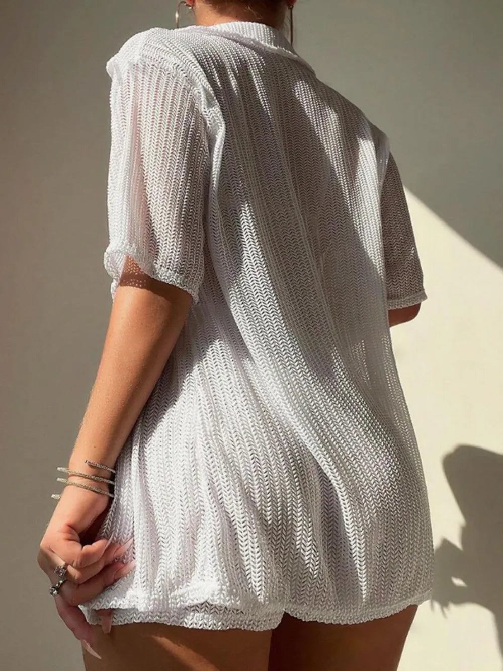 Model wearing open front half sleeve cover up top and shorts by ODI-ONE FASHION – summer beachwear set
