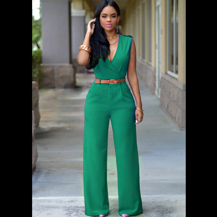 "Elegant V-Neck Belted Jumpsuit – High Waist & Wide-Leg Chic Set"