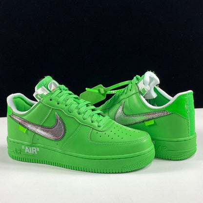 - Off-White Air Force 1 Low sneakers in Light Green Spark and Metallic Silver - side view  
- Limited edition Off-White x Nike Air Force 1 Low for men and women  
