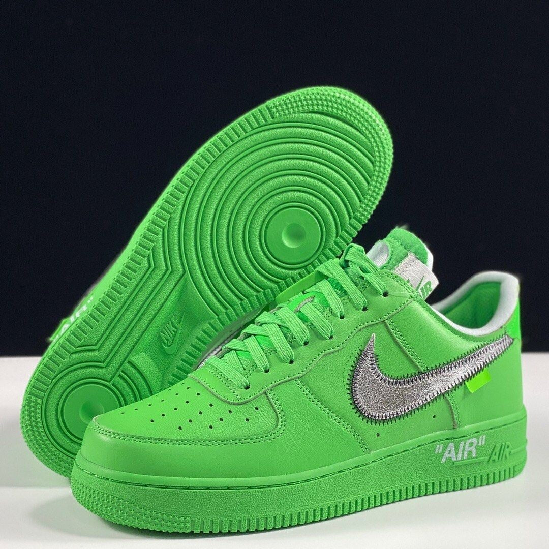 - Off-White Air Force 1 Low sneakers in Light Green Spark and Metallic Silver - side view  
- Limited edition Off-White x Nike Air Force 1 Low for men and women  
