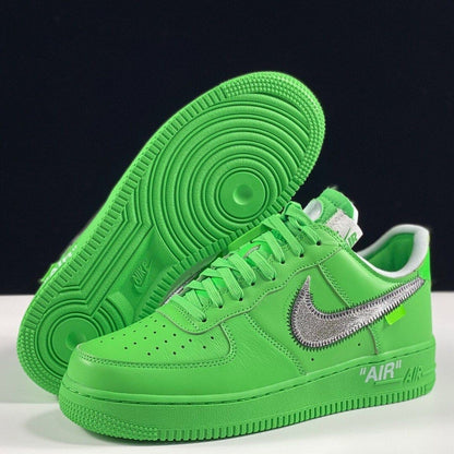 - Off-White Air Force 1 Low sneakers in Light Green Spark and Metallic Silver - side view  
- Limited edition Off-White x Nike Air Force 1 Low for men and women  
