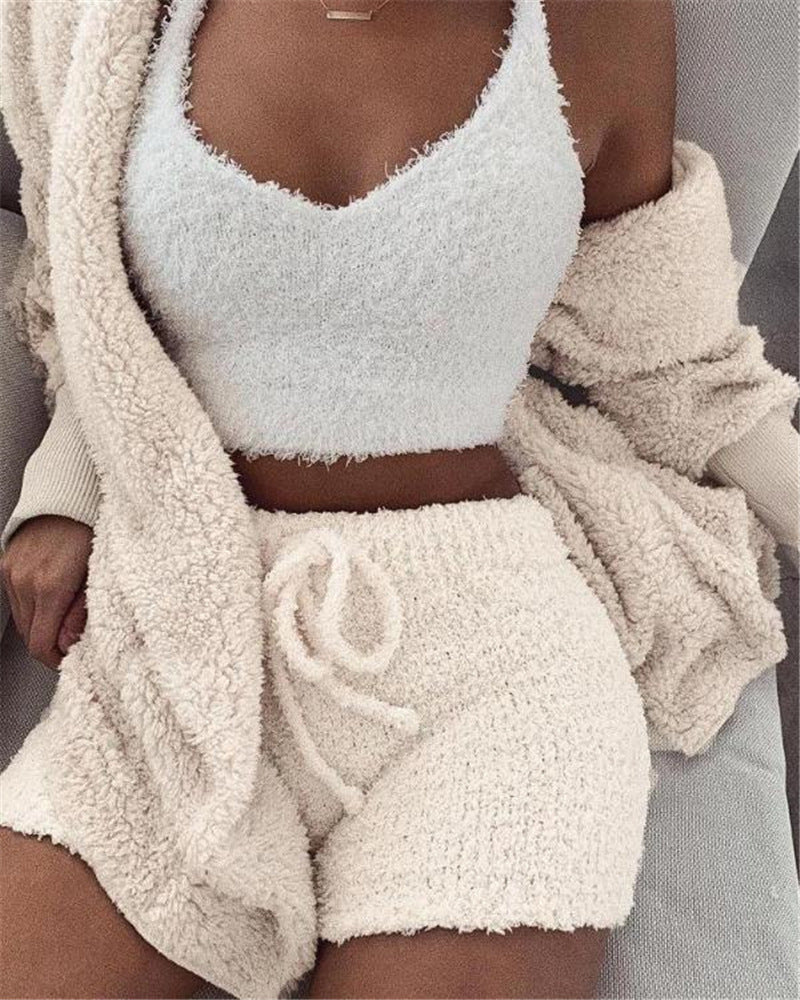 "Chic & Comfy 3-Piece Women's Lounge Set – Long Sleeve Crop Top & Drawstring Shorts Pajama Set"