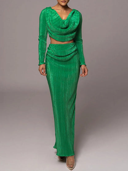 Front view of Leila two-piece set – crop top and high slit skirt"