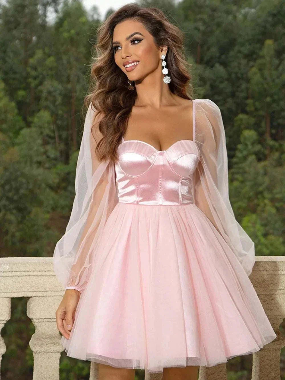 Woman wearing sweetheart neck balloon sleeve mini dress – romantic and trendy