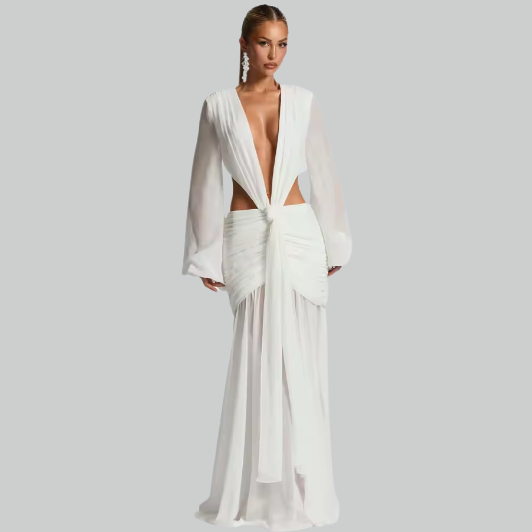 Aurora White Maxi Dress – Elegant Long Sleeve Backless Evening Gown
