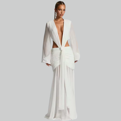 Aurora White Maxi Dress – Elegant Long Sleeve Backless Evening Gown
