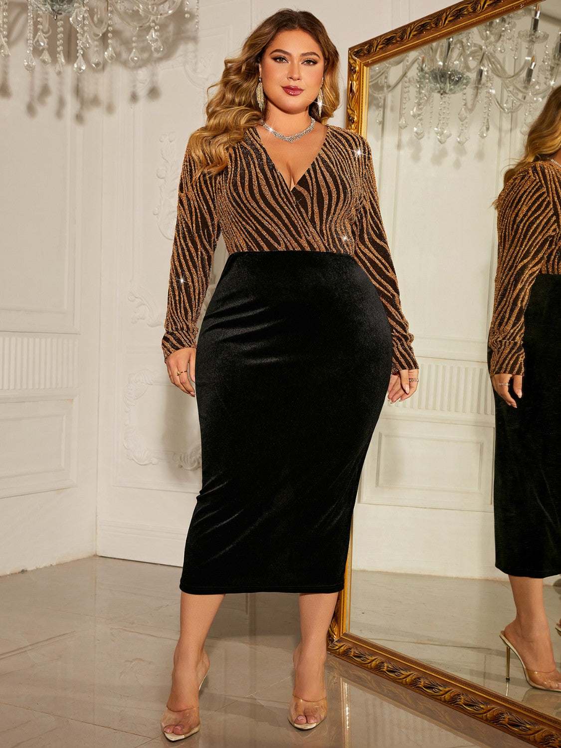 Plus size model wearing honey-colored surplice neck dress with long sleeves and slit Plus Size Surplice Slit Dress