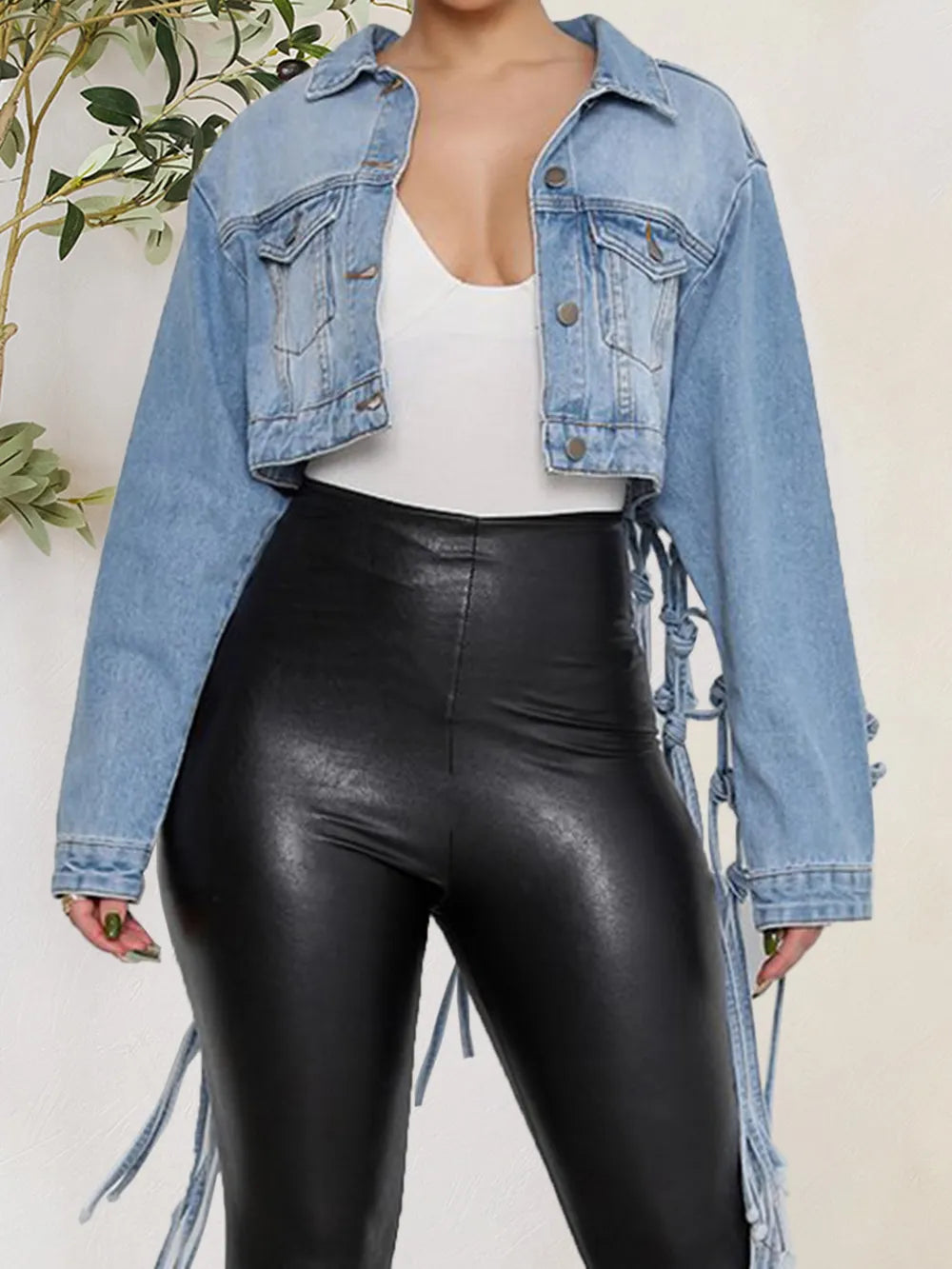 Model wearing tie-waist button-up denim jacket with pockets – ODI-ONE FASHION
