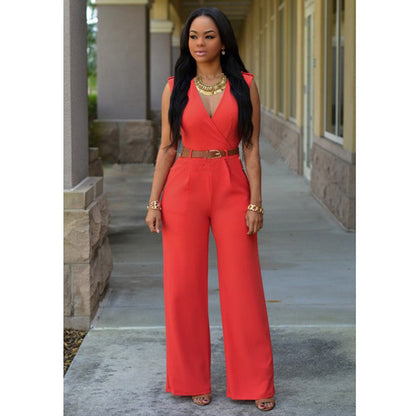 "Elegant V-Neck Belted Jumpsuit – High Waist & Wide-Leg Chic Set"