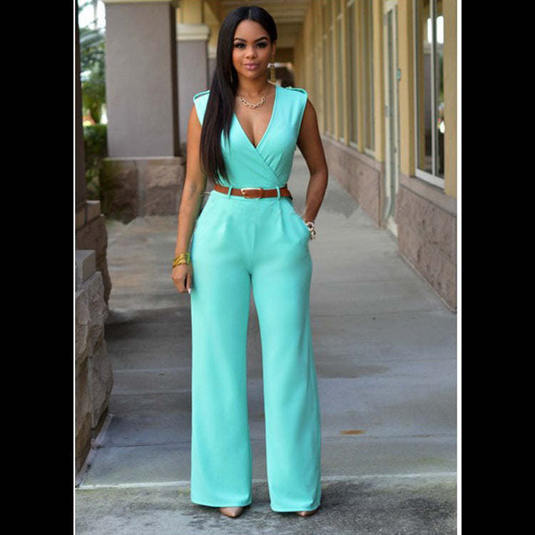 "Elegant V-Neck Belted Jumpsuit – High Waist & Wide-Leg Chic Set"