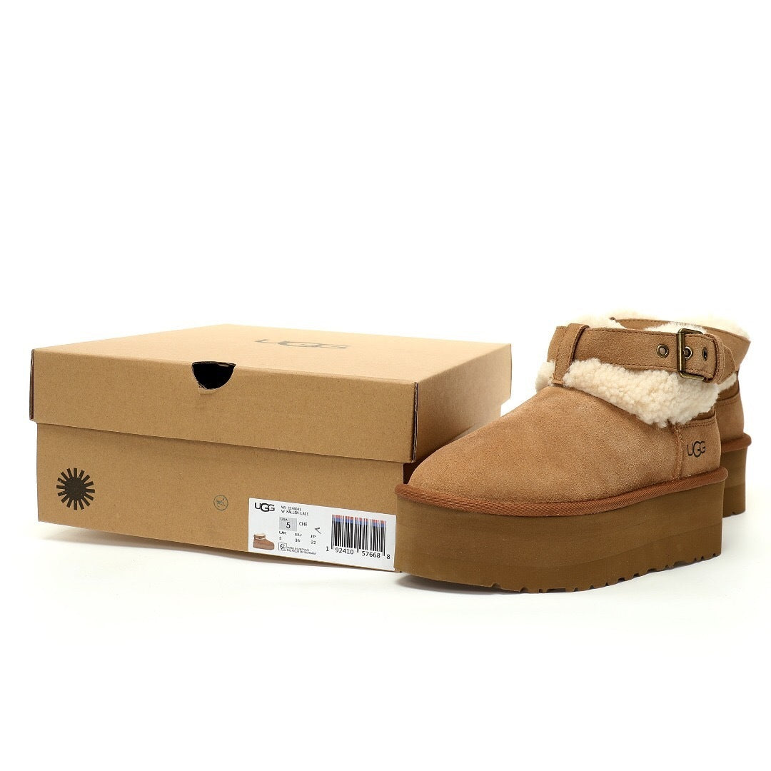 UGG Ultra Mini Belted Platform Boots – Chestnut Suede Side View
Women’s UGG Ultra Mini Belted Platform – Front and Back
Chestnut Suede UGG Ultra Mini with Platform Sole

