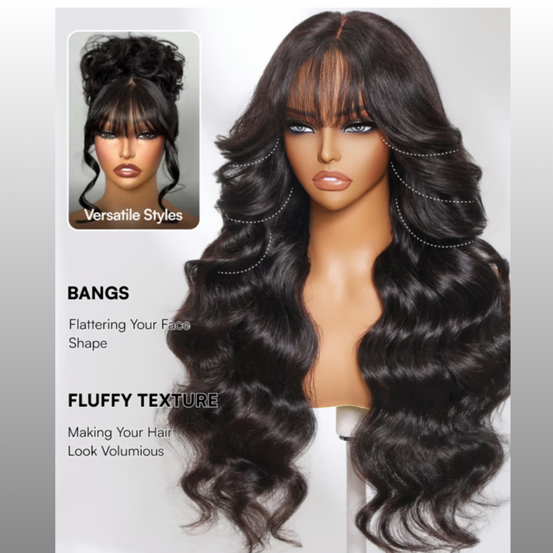Mannequin head with long, wavy black wig on a gray background