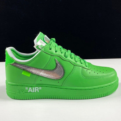 - Off-White Air Force 1 Low sneakers in Light Green Spark and Metallic Silver - side view  
- Limited edition Off-White x Nike Air Force 1 Low for men and women  
