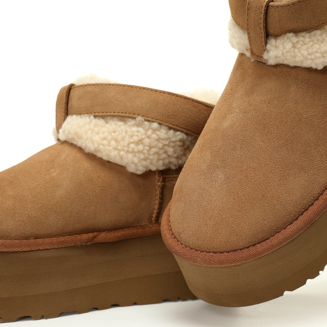 UGG Ultra Mini Belted Platform Boots – Chestnut Suede Side View
Women’s UGG Ultra Mini Belted Platform – Front and Back
Chestnut Suede UGG Ultra Mini with Platform Sole
