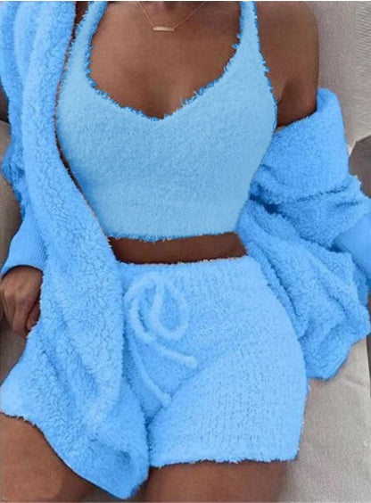 "Chic & Comfy 3-Piece Women's Lounge Set – Long Sleeve Crop Top & Drawstring Shorts Pajama Set"