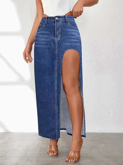Model wearing high-rise front slit denim skirt – ODI-ONE FASHION
