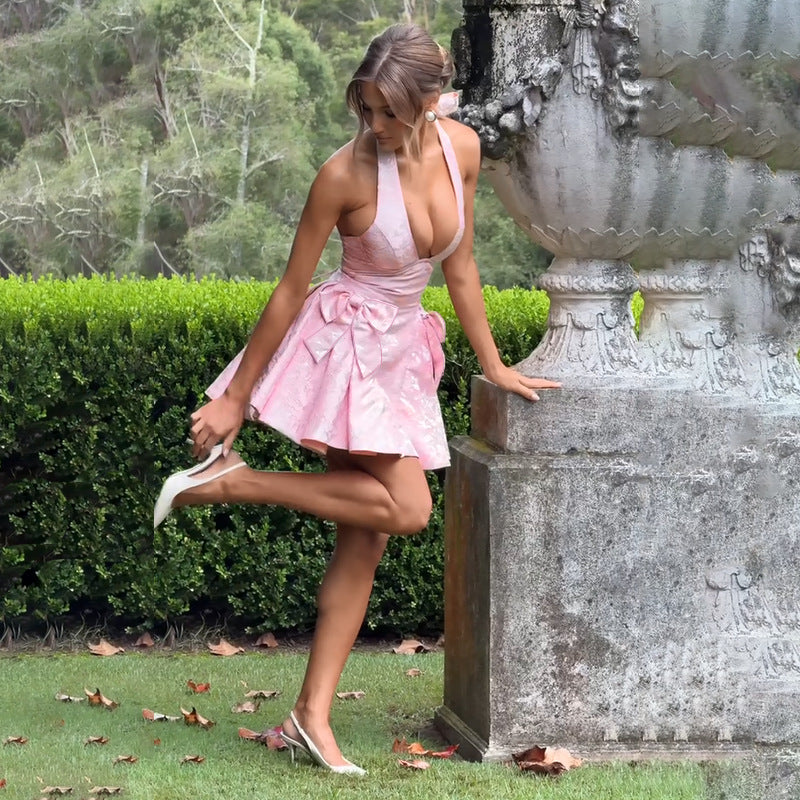 PeachGlow peach mini dress – side angle with elegant shine  