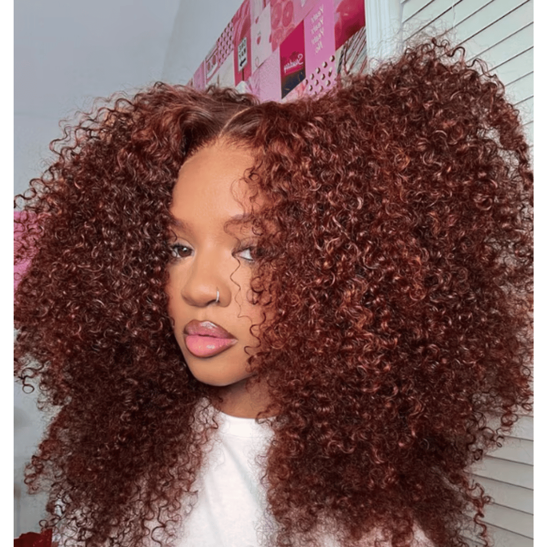 Woman with voluminous curly hair in a casual setting