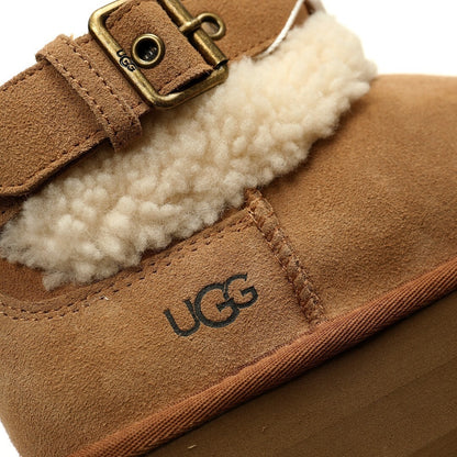 UGG Ultra Mini Belted Platform Boots – Chestnut Suede Side View
Women’s UGG Ultra Mini Belted Platform – Front and Back
Chestnut Suede UGG Ultra Mini with Platform Sole
