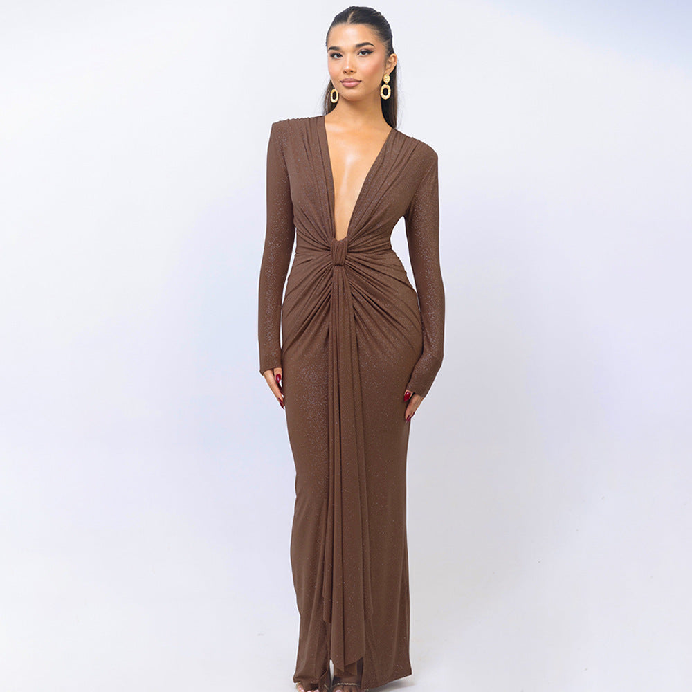 "Elegant Deep V-Neck Slit Dress – Slim-Fit with Chic Ribbon Detail"