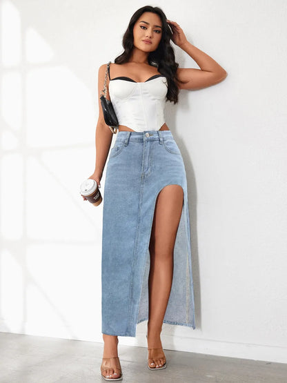 Model wearing high-rise front slit denim skirt – ODI-ONE FASHION
