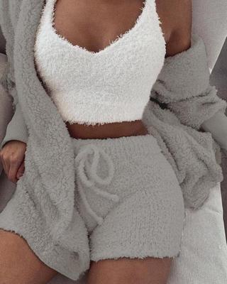 "Chic & Comfy 3-Piece Women's Lounge Set – Long Sleeve Crop Top & Drawstring Shorts Pajama Set"