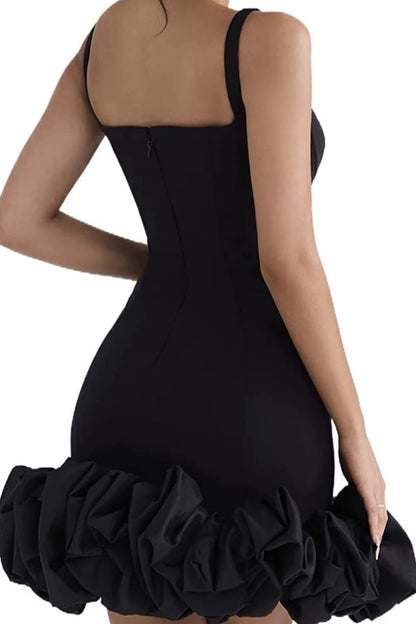 Back view of fitted ruched square neck mini dress