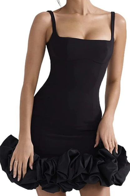 Confident look in ruched square neck mini dress 